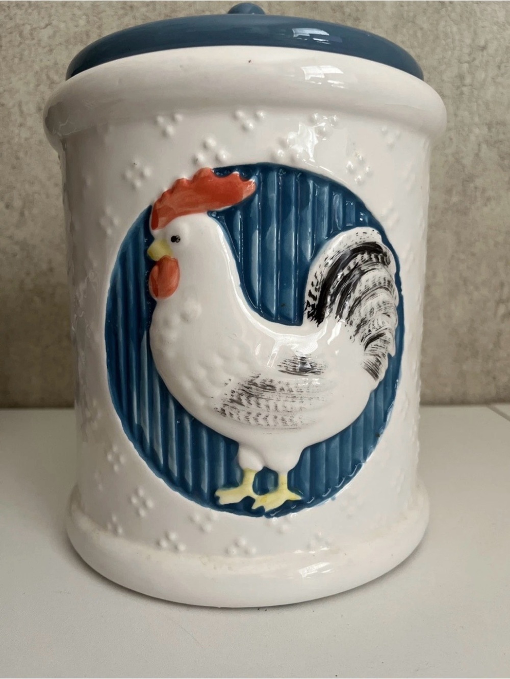 Chic Rooster Cookie Jar Utensil Holder Ceramic Blue Lid Farmhouse Rustic 9”